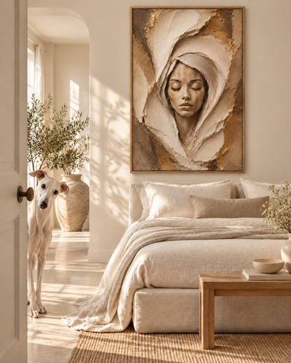 The Veil Between by NAÏAH, a neutral cream, ivory and gold sculptural female portrait, displayed in a refined luxury interior with a realistic greyhound.