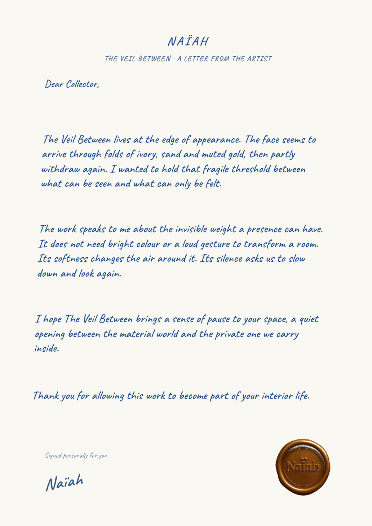 Personal Dear Collector artist letter for The Veil Between by NAÏAH.
