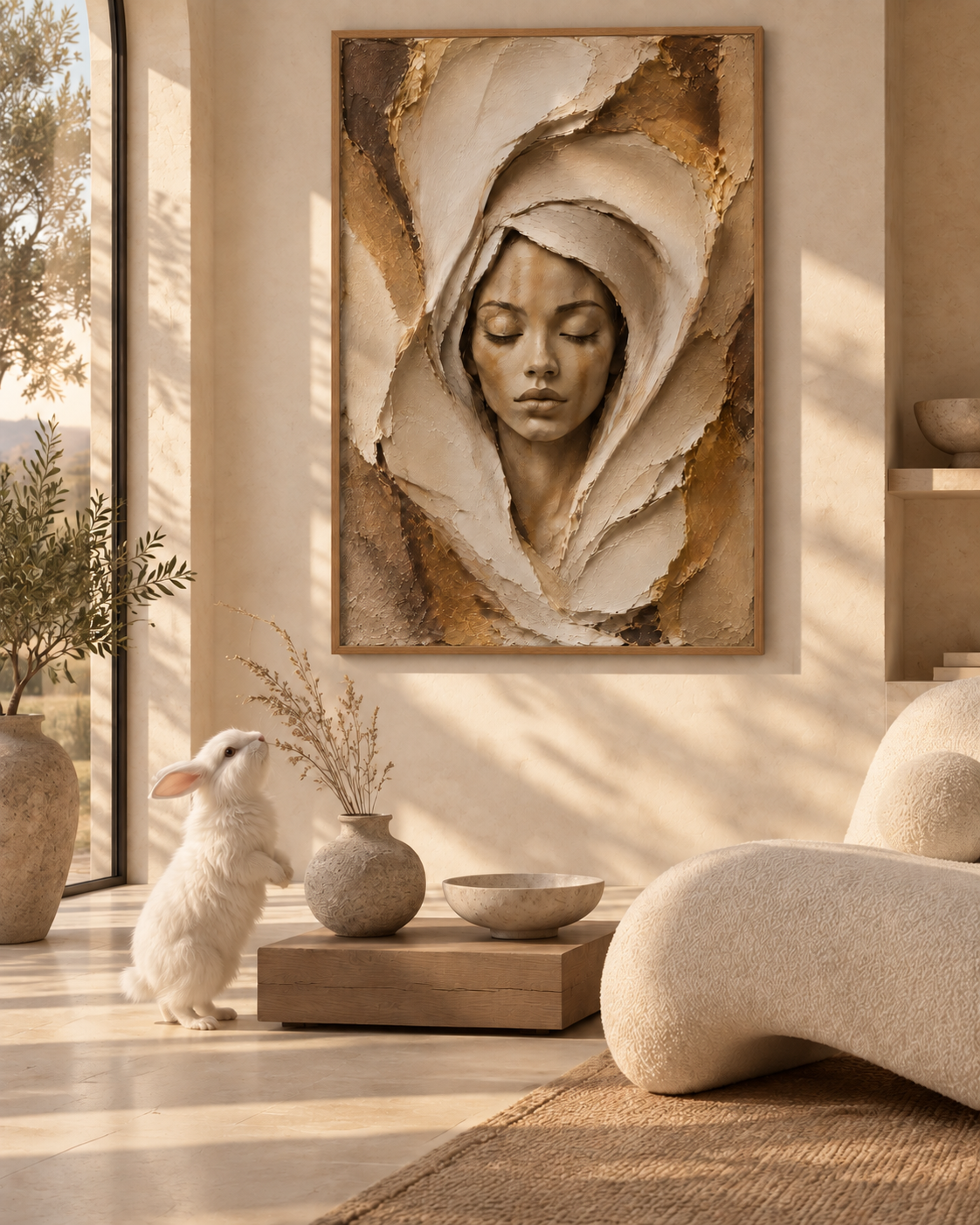 Veil in Between by Naïah displayed in a refined interior beside a realistic Angora rabbit